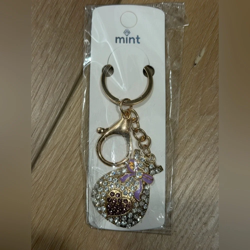 Rhinestone Money Bag Keychain Purse Charm Purple Heart Gold Tone